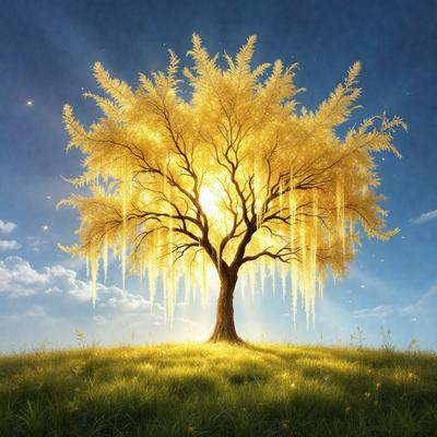 The primary subject of the image is a large, brightly lit tree with yellow leaves. The tree is situated in a grassy field, and its sunlit branches create a warm and inviting atmosphere. The visual style of the image is a combination of photo and digital art, creating a realistic yet artistic representation of the scene. The colors and mood of the image are predominantly yellow and sunny, evoking a sense of warmth and tranquility.